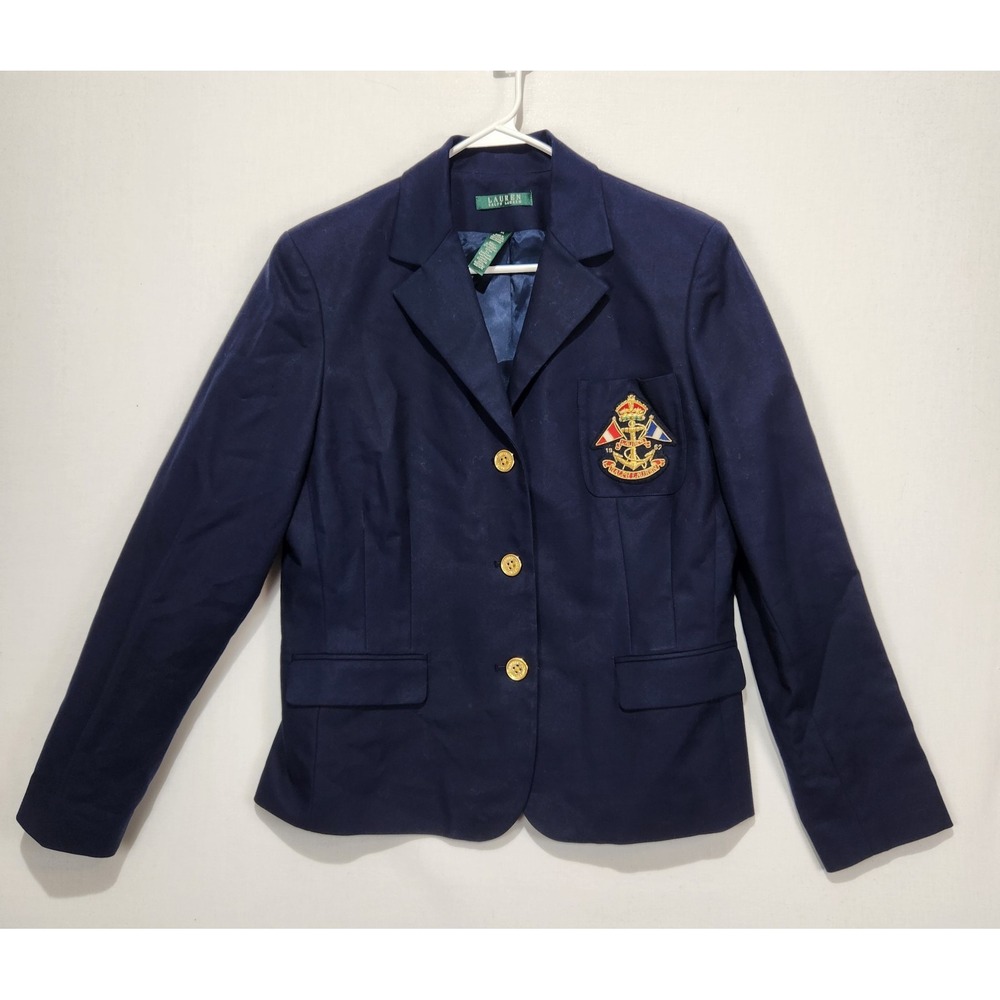 Lauren Ralph Lauren Women's XL Navy Blue Blazer Crest Gold Button Preppy